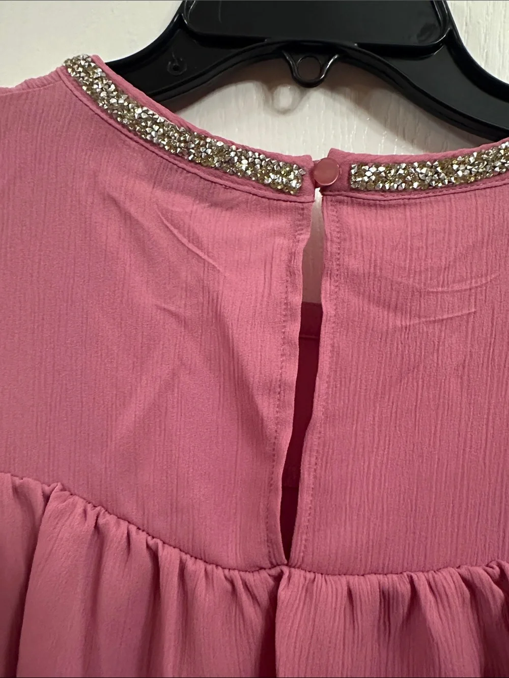 Juicy Couture Rose Pink Ruffle Short-Sleeve Blouse with Jeweled Neckline